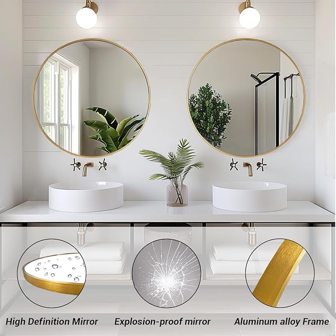 Gold Circle Mirror, Round Mirror 20 inch, Gold Mirror Metal Frame, Round Wall Mirrors for Bathroom, Bedroom, Living Room, Entryway.