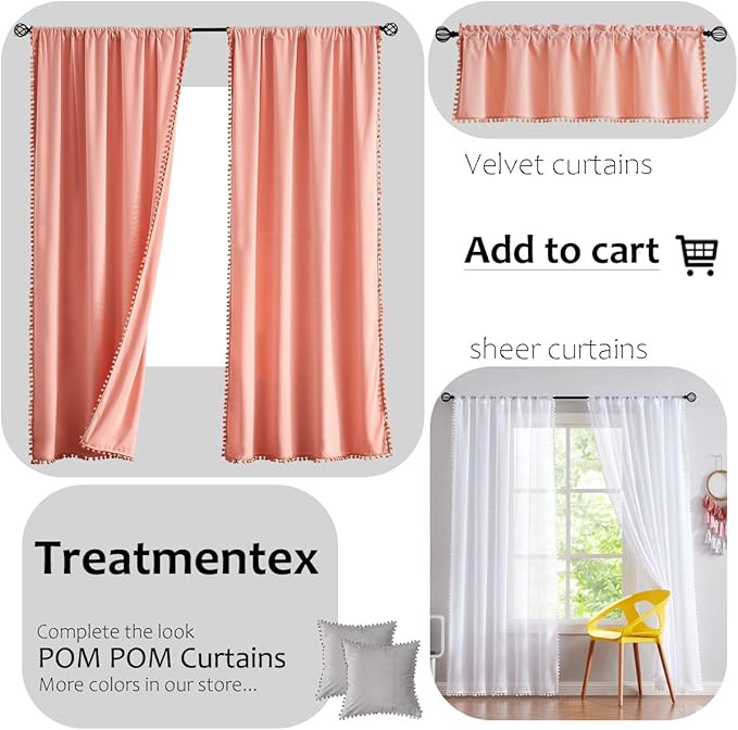 Treatmentex Pom Pom Yellow Sheer Curtains for Girl's Room 63" Linen Texture Voile Draperies for Bedroom 52" w 2 Pack