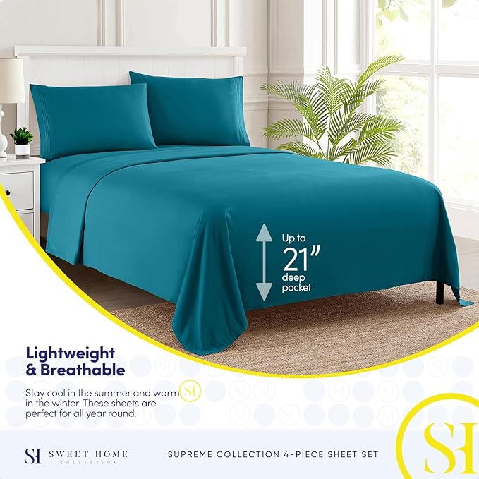 Twin Sheets - Breathable Luxury Sheets with Full Elastic & Secure Corner Straps Built In - 1800 Supreme Collection Extra Soft Deep Pocket Bedding Set, Sheet Set, EXTRA DEEP pocket - Twin, Teal