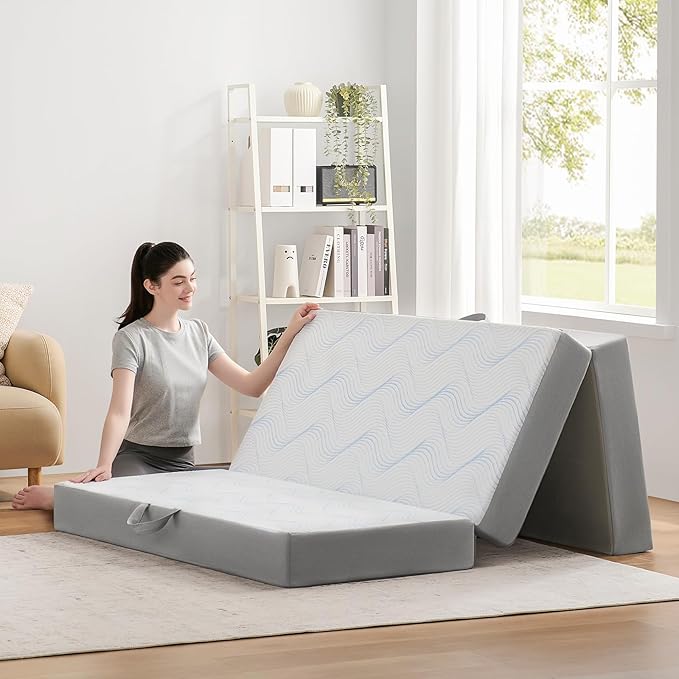 Foldable Mattress Full 6 inch -Portable White Memory Foam Folding Matress with Washable Cover for Camping Travel Guest Room Home Use-Non-Slip&Easy Storage