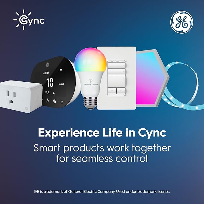 GE Cync A19 LED Smart Light Bulbs, Room Decor Aesthetic Bluetooth and WiFi Color Changing Lights, LED Indoor Light Bulb, Compatible with Alexa and Google (2 Pack)