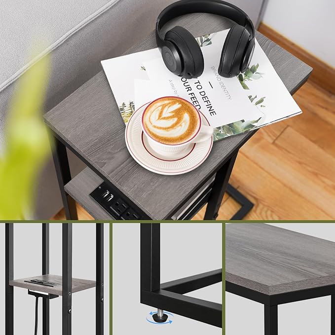 Yoobure C Shaped End Table with Charging Station, Small Side Table for Living Room, Bedroom, Sofa with USB Ports and Outlets for Small Spaces, C Couch Rustic Snack Bed Side Table