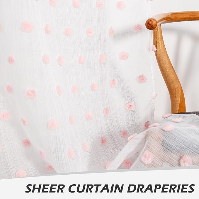 MYSKY HOME 95 Inch Pom Pom Sheer Curtains for Living Room and Bedroom - Baby Pink, White, Blush - Rod Pocket Window Backdrops for Large Sliding Door (38 x 95 in, Set of 2)