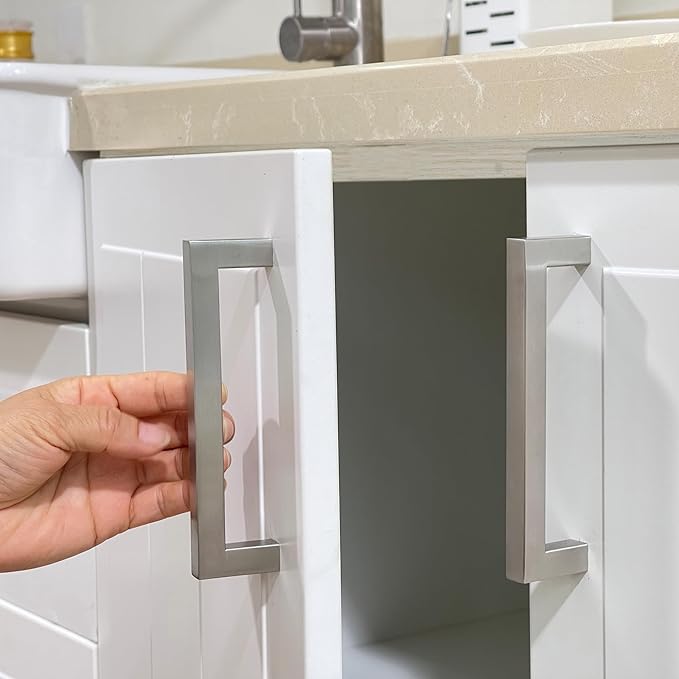 Cabinet Pulls Brushed Nickel Cabinet Handles Square Drawer Pulls, 5 Pack 10 Inch Stainless Steel Kitchen Door Cupboard Cabinet Handles, Cabinet Hardware Drawer Handles, 256mm Hole Centers