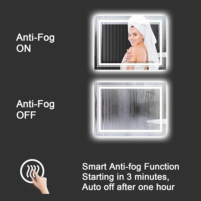 LED Bathroom Mirror, 48"X24" with Front and Backlit, Anti-Fog, Large Bathroom Vanity Mirror for Wall, Memory Function, Stepless Dimmable, Tempered Glass (Horizontal/Vertical)