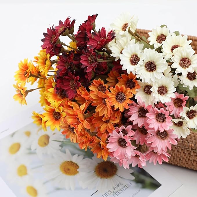 Artificial Mums for Outdoors, Faux Sunset Mum Flowers Planters for Indoor Outside Decor, Fake Look Real, Vibrant, UV Resistant, Waterproof, Windproof (Pink, 10 Bundle)