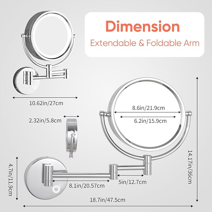 GURUN 8.5 Inch Magnifying Makeup Mirror with 3 Tones Dimmable LED Lights Double Sided Touch Control Rechargeable Vanity Mirror for Bathroom with 10X Magnification M1809DC-T (Chrome/10X)