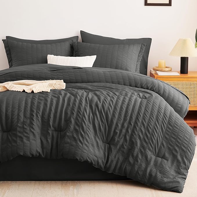 CozyLux Queen Comforter Set Dark Grey Seersucker 7 Pieces Bed in a Bag Queen Comforter Set with Sheets, Luxury Soft Bedding Set with Down Alternative Comforter, Sheets, Pillowcases & Shams All Seasons