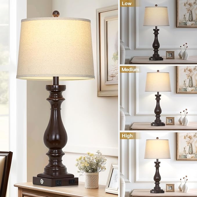 29" Tall Farmhouse Table Lamp for Living Room Set of 2,Vintage Retro Nightstand Lamps with USB C+A Ports & AC Outlet,3-Way Dimmable Touch Bedside Lamp for Bedroom Side Table,Dark Brown