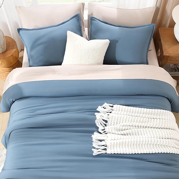 Litanika Comforters Queen Size Set Grayish Blue, 3 Pieces Lightweight Solid Bedding Comforter Set, All Season Fluffy Bed Set (90x90In Comforter & 2 Pillowcases)