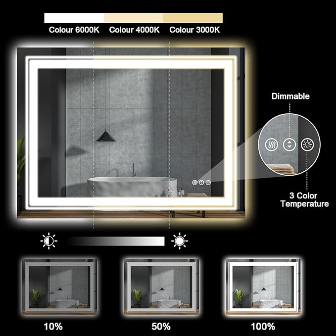 LED Bathroom Mirror, 40"x24" with Front and Backlit, Anti-Fog, Bathroom Vanity Mirror for Wall, Memory Function, Stepless Dimmable, Tempered Glass (Horizontal/Vertical)