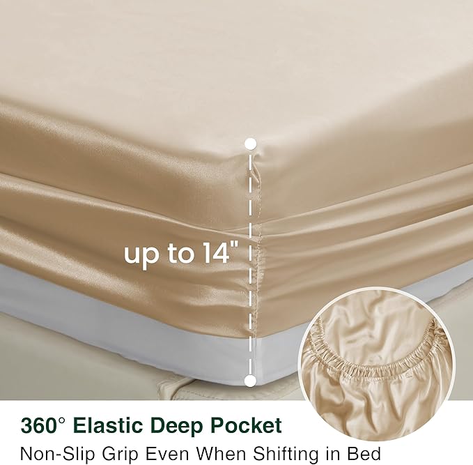 Love's cabin Satin Queen Sheets Set - 4 Piece Beige Silky Bed Sheets Set with Deep Pocket, Luxury Silk Feel Satin Queen Size Sheet Set (1 Flat Sheet,1 Fitted Sheet,2 Pillow Cases)