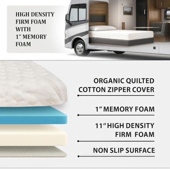 Foamma 12” x 39” x 75” Camper/RV Travel Gel Memory Foam Foam Bunk Mattress, Organic Cotton Cover, Made in USA, Comfortable, Travel Trailer, CertiPUR-US Certified