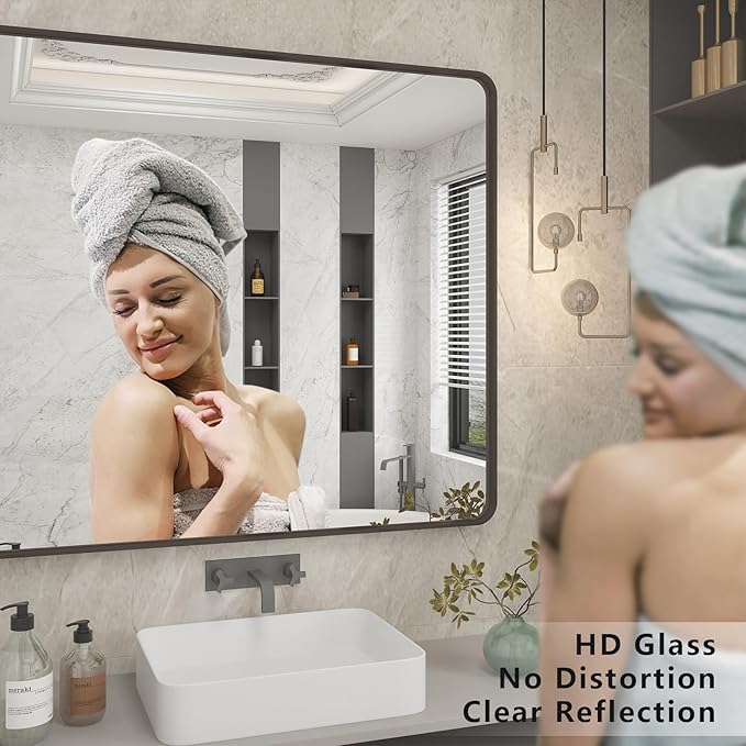 40x36 Bronze Bathroom Mirror, Brushed Metal Bathroom Vanity Mirrors for Wall, Rounded Corner Bronze Rectangle Mirror for Farmhouse, Bedroom, Anti-Rust (Horizontal/Vertical)