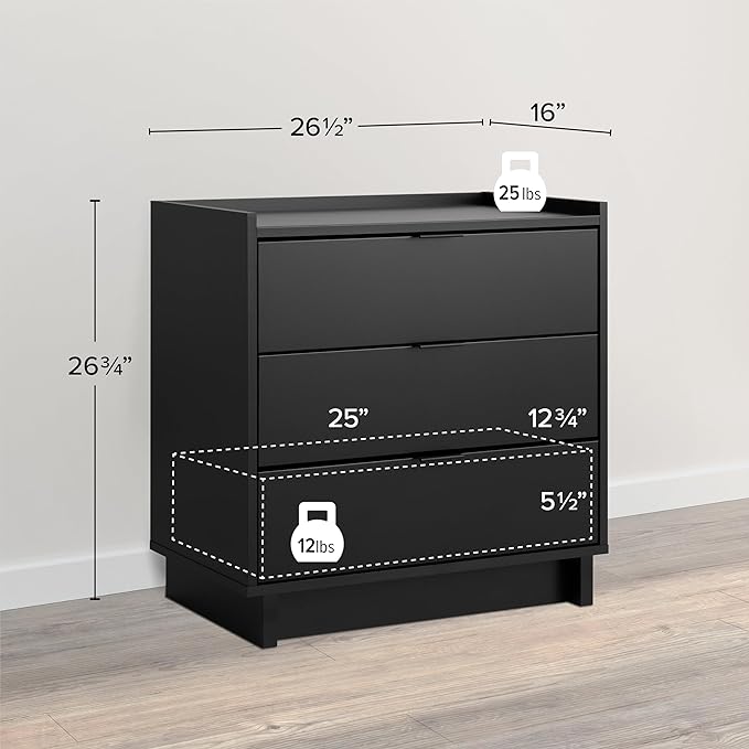 Prepac Simply Modern Nightstand Bedside Table, Black Nightstand for Bedroom, End Table with 3 Drawers 26.5" W x 26.75" H x 16" D