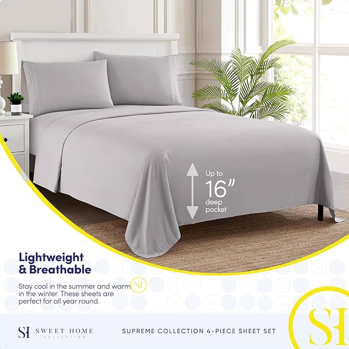 King Size Sheets - Breathable Luxury Bed Sheets with Full Elastic & Secure Corner Straps Built In - 1800 Supreme Collection Extra Soft Deep Pocket Bedding Set, Sheet Set, King, Silver