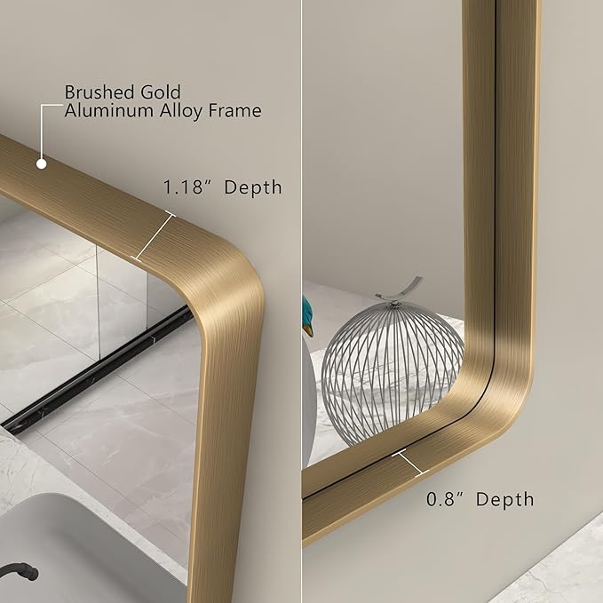 28x32 Gold Bathroom Mirror, Rounded Rectangle Gold Frame Mirror, Brushed Gold Brass Bathroom Vanity Mirror Wall-Mounted, Anti-Rust, Hangs Horizontally or Vertically