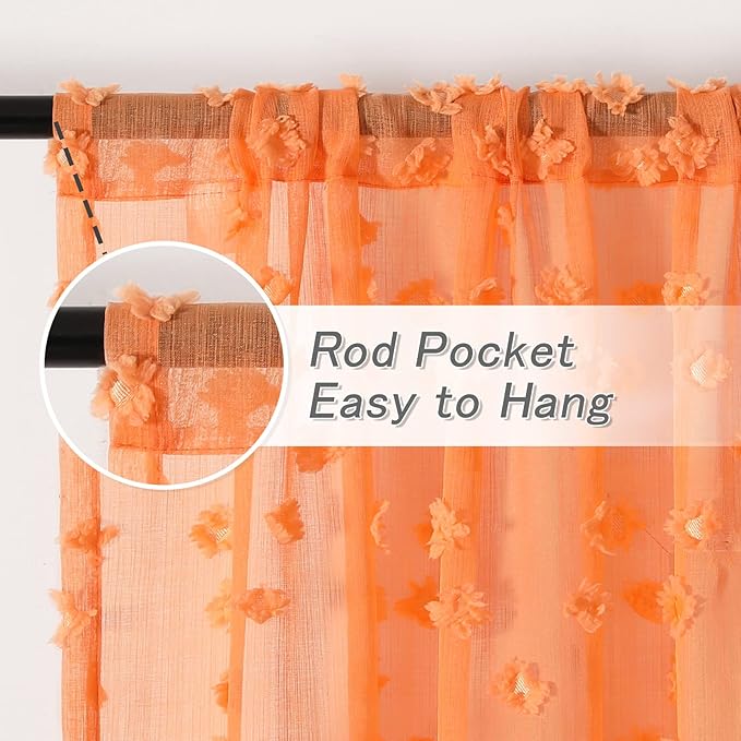 MYSKY HOME Pom Pom Orange Sheer Curtains for Bedroom Girls Room Curtains 63 inch Length for Nursery Kids Light Filtering Boho Window Drapes, Rod Pocket, 38" Wide, 2 Panels