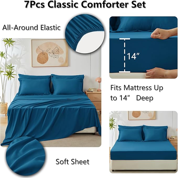 CozyLux Queen Comforter Set Teal - Bed in a Bag Queen Size 7 Pieces, Luxury Soft Bed Set for All Seasons, Bedding Set with Down Alternative Comforter, Sheets, Pillowcases & Shams