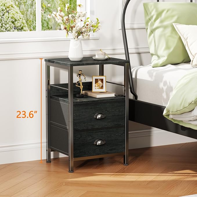 Furologee Nightstands Set 2, Night Stand with 2 Fabric Drawers, Bedside Tables with Open Shelf, Wooden Top, Hooks, Backboard Design, Metal Frame, End Tables for Bedroom/Living Room/Study/Black Oak