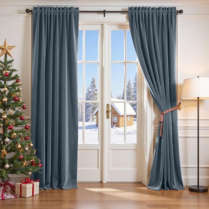 Lazzzy Velvet Blackout Curtains Thermal Insulated Room Window Drapes Super Soft Luxury Curtains for Living Room Bedroom Rod Pocket 2 Panels, Dark Slate, 52" W x 102" L