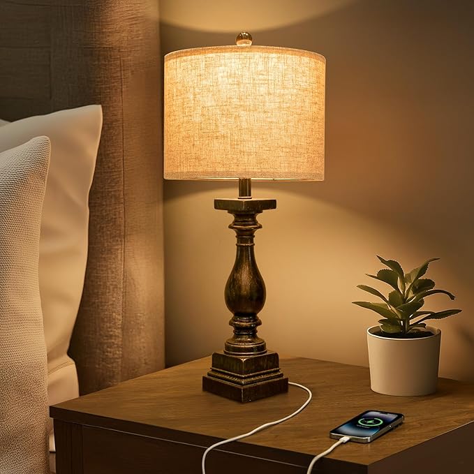 BOBOMOMO 27" Farmhouse Table Lamp Set of 2 with USB A+C for Bedroom Living Room Vintage Rustic Traditional Nightstand Bedside Lamps Retro Side Table Lamps (Black)