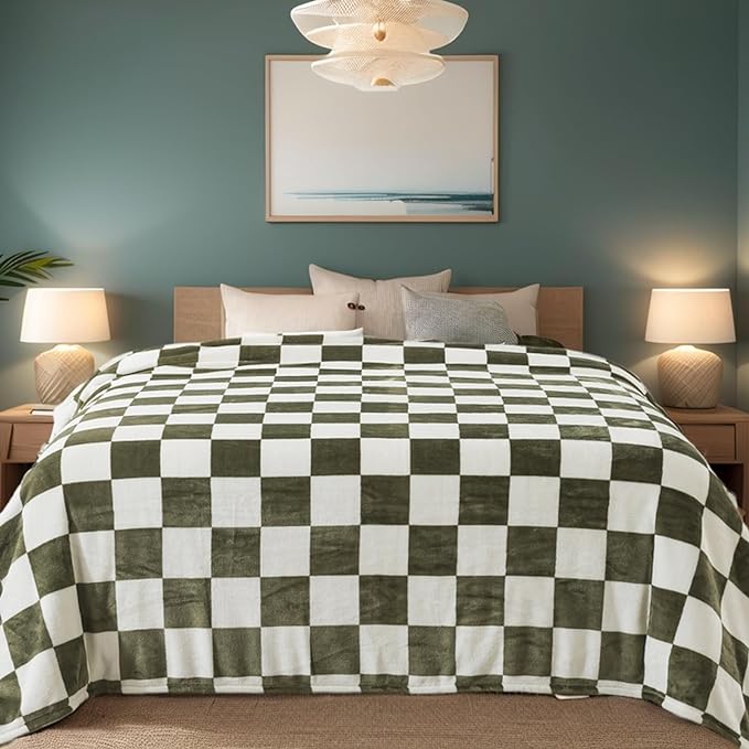 Checkered Throw Blanket,Premium Lightweight Anti-Static 50x60 Inches Travel Size Sage Green Throw Blankets for Couch, Sofa, Chair, Bed, Camping, Picnic,Sage Green
