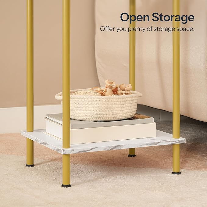 HOOBRO End Table, Small Side Table, Nightstand with 2-Layer Storage Shelves, Sofa Table for Small Spaces, Living Room, Bedroom, Stable Frame, Easy Assembly, Gold and Marble DM09BZ01