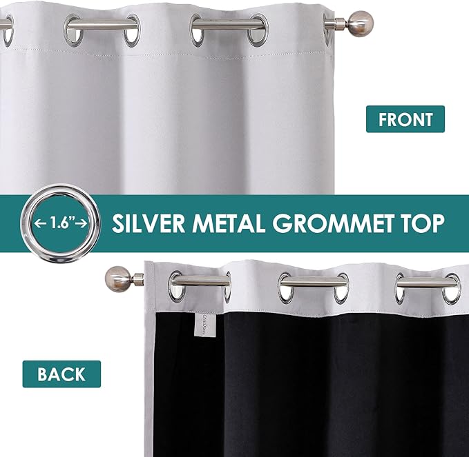 ChrisDowa 100% Blackout Curtains for Bedroom with Black Liner, 2 Thick Layers Total Blackout Thermal Insulated Grommet Small Window Curtains 2 Panels Set (Greyish White, 42 x 45 Inch)