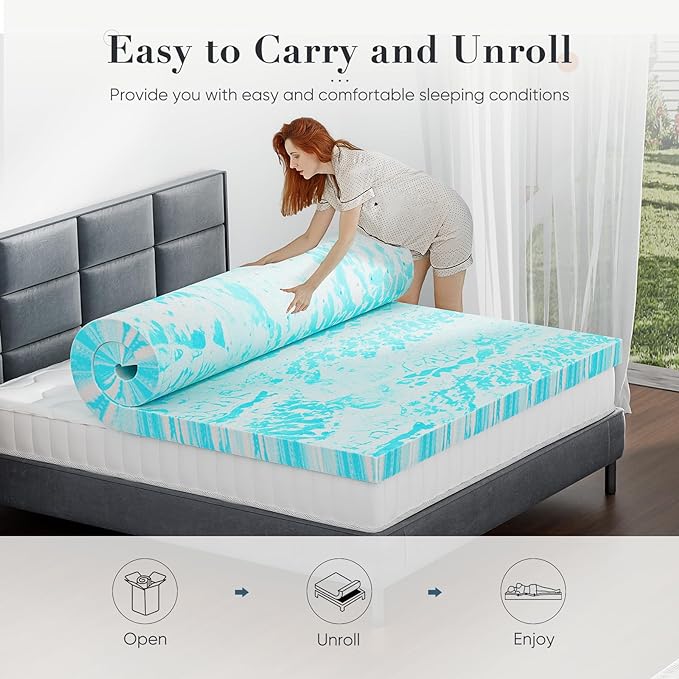 Memory Foam Mattress Topper Queen, 2 Inch Thick Gel Infused Bed Toppers for Queen Size Bed, Soft Mattress Pads for Sleeper Sofa, RV, Camper, CertiPUR-US Certified, Blue