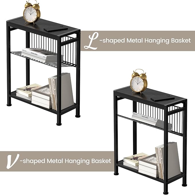 End Table Set of 2 for Small Space, 3-Tier Narrow Side Table with Magazine Holder,Slim Nightstand, Skinny Snack Couch Table in Living Room, Bedroom Study and Balcony (Black)