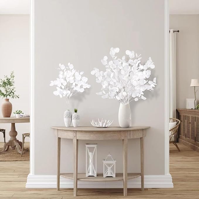 Sggvecsy 6 Pcs Eucalyptus Leaves Artificial Eucalyptus Stems Long Silver Dollar Leaves Faux Leaf Branches Fake Silk Eucalyptus for Spring Summer Home Festival Thanksgiving Christmas Decor (White)
