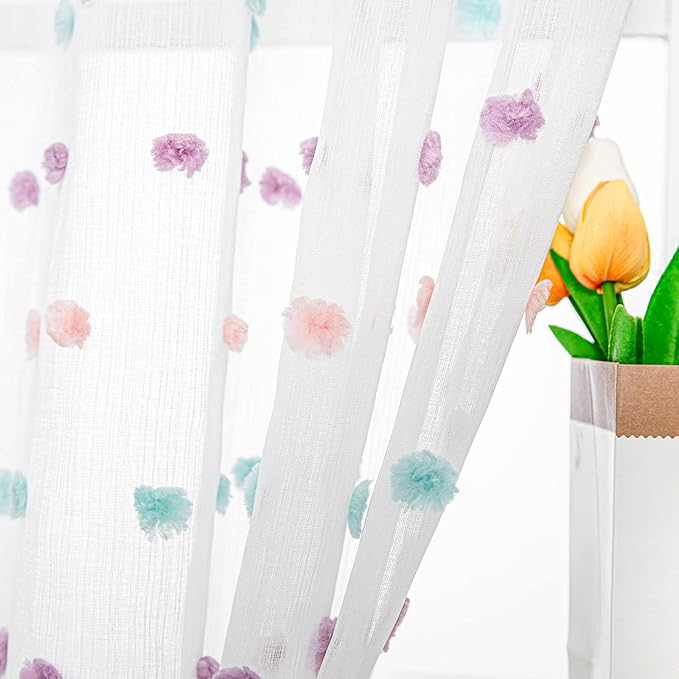 MYSKY HOME Small Curtains for Kitchen Windows Rainbow Pom Pom Curtains for Bedroom Light Filtering White Sheer Curtains for Nursery Cafe Bathroom Privacy Rod Pocket Voile 52 x 45 inch 2 Panels