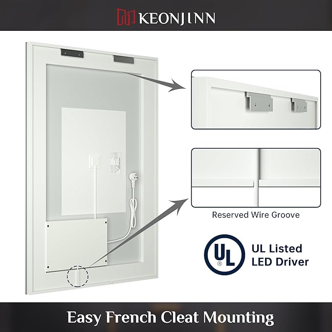 Keonjinn 48 x 30 Bathroom LED Mirror, Front Lighted Bathroom Vanity Mirror, Shatter-Proof Tempered Glass, UL-Listed LED Driver, Fog Free, Dimmale 6000K, Easy to Install(Horizontal/Vertical)
