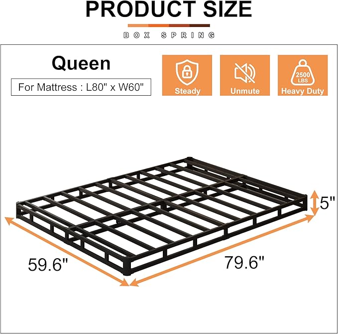 EMODA 5 Inch Box Spring Queen Size Bed Base, Heavy Duty Metal Queen Mattress Foundation with Fabric Cover, Easy Assembly