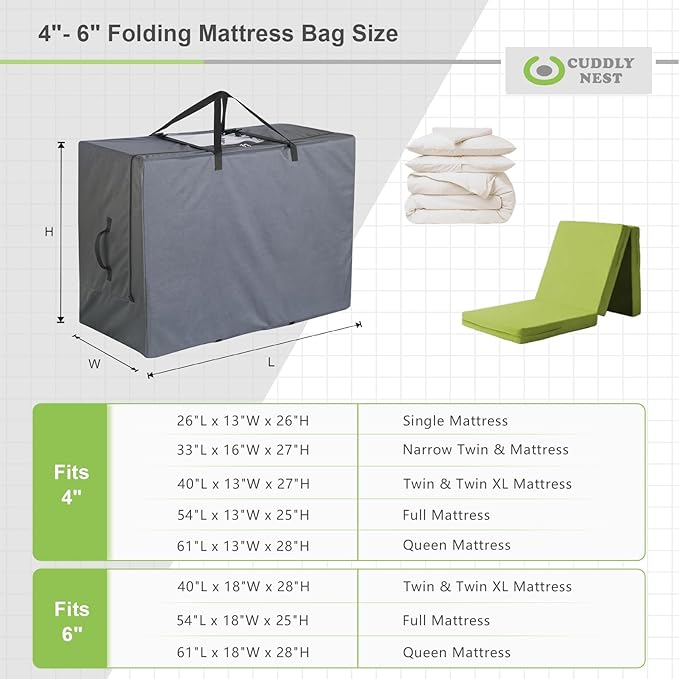 Cuddly Nest Folding Mattress Storage Bag - Heavy Duty Carry Case for Tri-Fold Guest Bed (Fits 6" Twin & Twin XL Mattress,Grey)