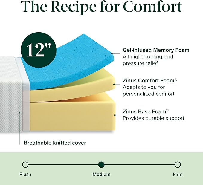 ZINUS 12 Inch Green Tea Cooling Memory Foam Mattress [New Version], King, Fiberglass Free, Medium Firmness, Cooling Gel Foam, Certified Safe Foams & Fabric, Mattress in A Box
