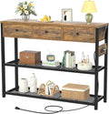 Ecoprsio 47'' Entryway Table with Outlets and USB Ports, Console Table with 3 Drawers, Sofa Table Narrow Long with Storage Shelves for Living Room, Couch, Hallway, Foyer, Kitchen Counter, Rustic Brown