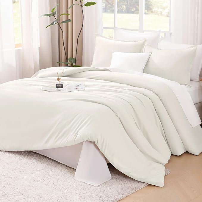 Litanika Ivory Comforter Set Queen Size, 3 Pieces Lightweight Solid Bedding Comforter Set, All Season Fluffy Bed Set (90x90In Comforter & 2 Pillowcases)