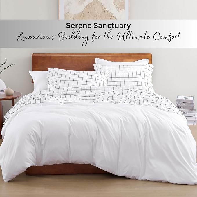 LANE LINEN 100% Organic Cotton King Size Sheets Set, Soft Breathable Sheets Percale Weave, All Season Machine Washable Hotel-Quality Mercerized Fully Elasticized Printed King Sheet Set - Windowpane