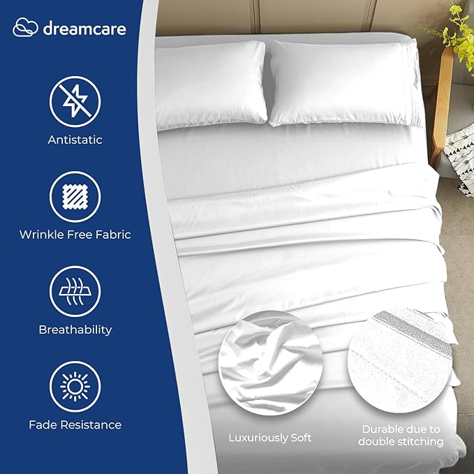 DREAMCARE Full Size Sheets - Cooling Bed Sheets - 4pcs Set - up to 15" Deep Pocket Full Sheet Set - Sheets Full Size Bed - Soft & Long Lasting 100% Fine Brushed Polyester with Side Pocket - White