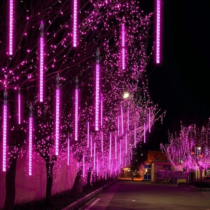 Aukora Purple Outdoor Halloween Lights, UL Plug, 11.8 inch, 8 Tubes, 192 LEDs, Meteor Shower & RainDrop Light, Series-connectable Christmas String Light Outside for Xmas, Tree, Thanksgiving Decoration