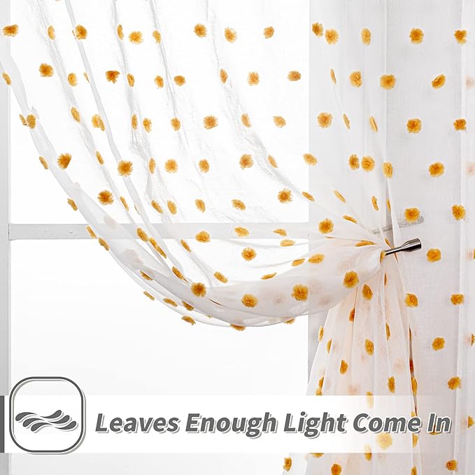 MYSKY HOME Short Curtains for Bedroom 54 Inches Long Burnt Orange Pom Pom White Sheer Curtains Kitchen Bathroom Nursery Boys Kids Room Rod Pocket 2 Pieces Small Window 52" x 54"