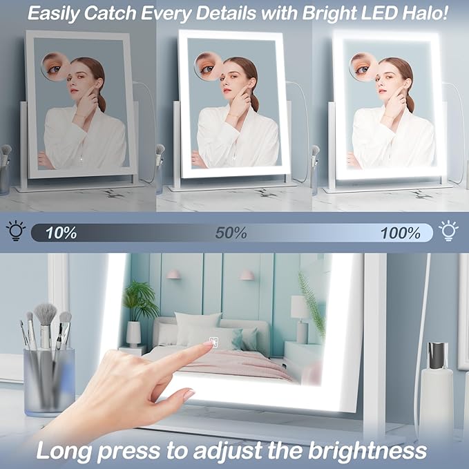 Makeup Vanity Mirror with Lights 17.2" Large LED Lighted Mirror, Hollywood Make Up Mirror with Lighting, Smart Touch,Detachable 5X Magnification 360° Rotation, (Gold,Gift Box)