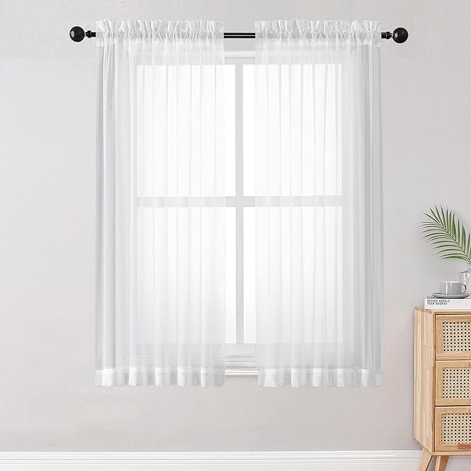 OWENIE Sheer White Curtains, Sheer Curtains 63 inch Length 2 Panels Set, Rod Pocket Voile Fimly Sheer Drapes for Living Room/Bedroom, 2pcs, Each 59" W x 63" L
