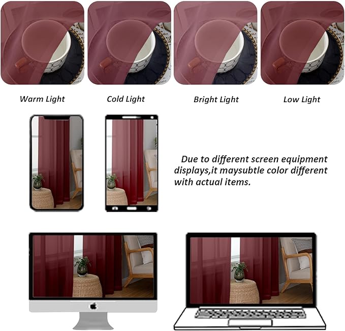 Chyhomenyc Burgundy Sheer Curtains 63 Inches Long 2 Panels Set, Light Filtering Voile Window Drapes for Bedroom Living Room, 42Wx63L Inch, Burgundy, 2PCS