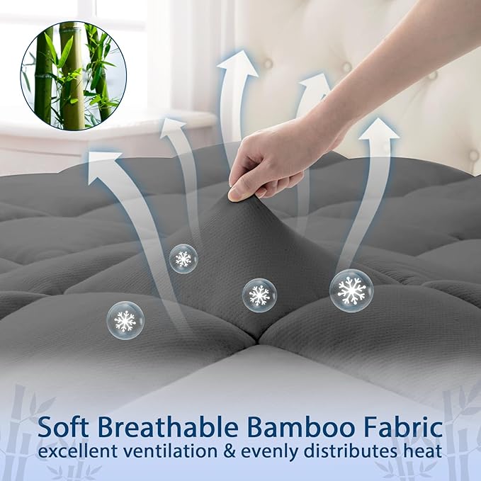 ELEMUSE King Grey Cooling Bamboo Viscose Mattress Topper for Back Pain, Extra Thick Mattress Pad Cover, Plush Soft Pillowtop with Elastic Deep Pocket, Overfilled Down Alternative Filling
