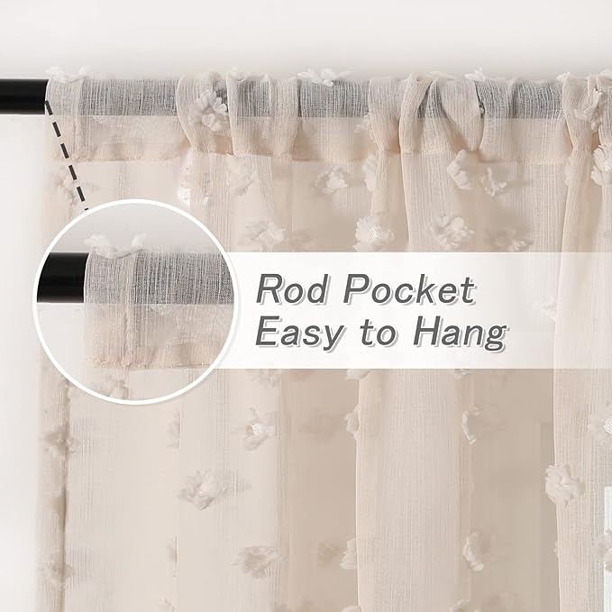MYSKY HOME Pom Pom Beige Sheer Curtains for Bedroom Girls Room Curtains 72 Inches Long for Nursery Kids Light Filtering Boho Window Drapes, Rod Pocket, 38" Wide, 2 Panels