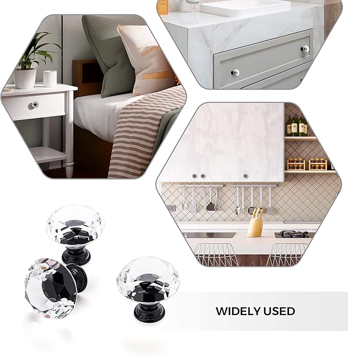 Ravinte 3 Pack Crystal Drawer Knobs - Glass Cabinet Knobs, Diamond Shaped, 30 mm with Black Base