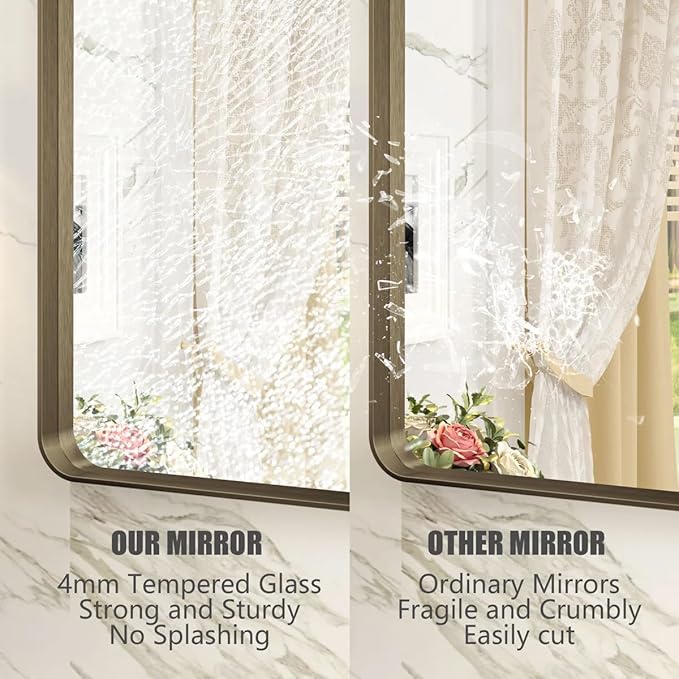 24x30 Bronze Bathroom Mirror, Brushed Metal Bathroom Vanity Mirrors for Wall, Rounded Corner Bronze Rectangle Mirror for Farmhouse, Bedroom, Anti-Rust (Horizontal/Vertical)